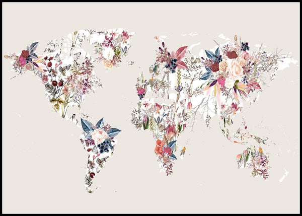 Worldmap flowers light | EINGERAHMTE BILDER