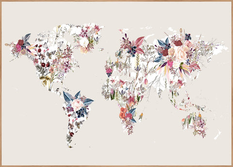 Worldmap flowers light | EINGERAHMTE BILDER